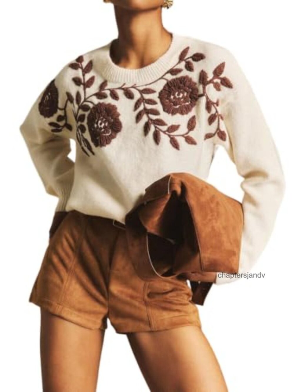 Boho Vintage Floral Embroidery Sweater Loose Fit Crew Neck Pullover